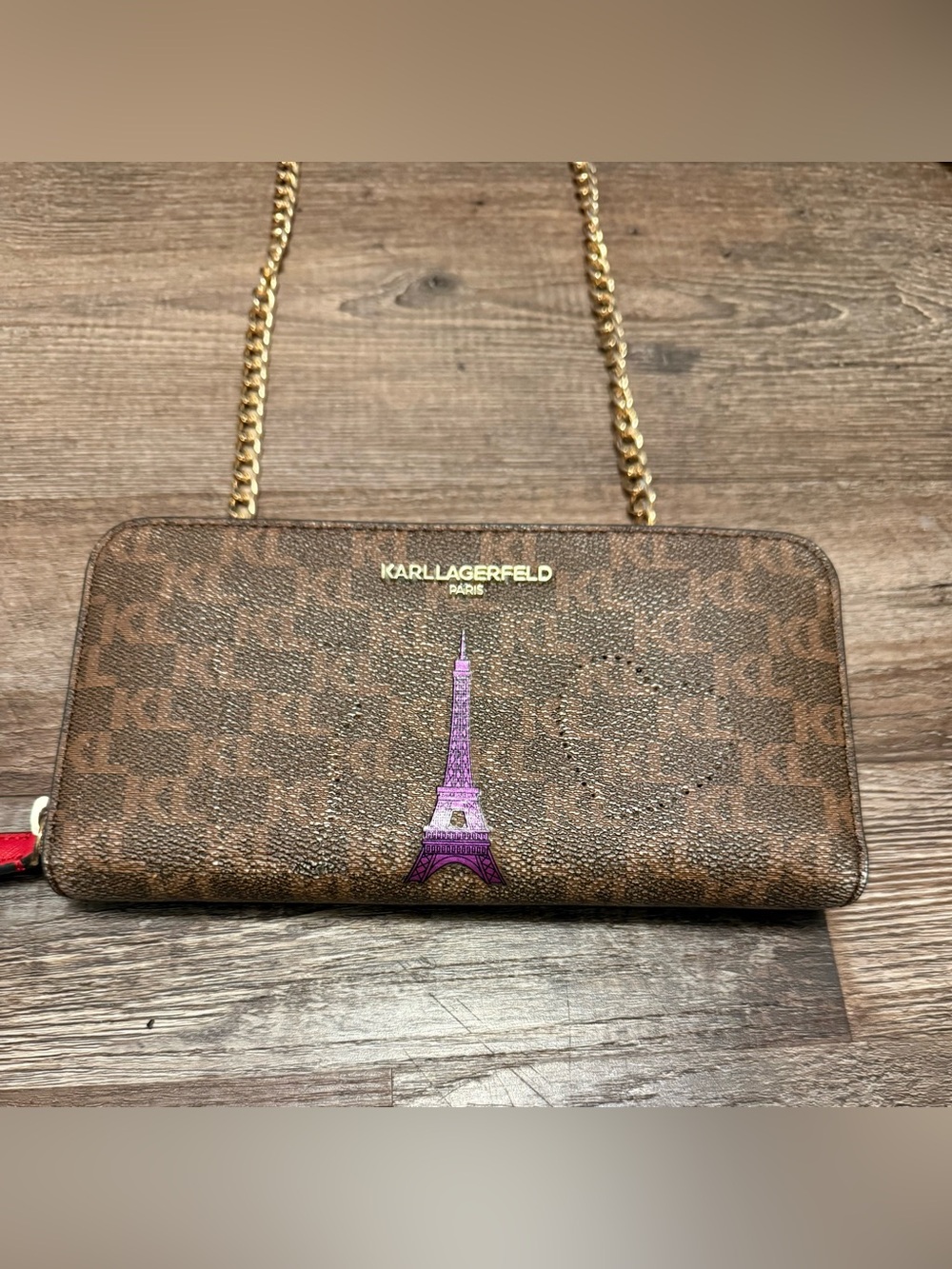 Karl Lagerfeld Brown Monogram Walket with Pink Eiffel Accent and Gold Chain